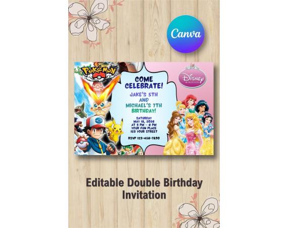 Twin Pokémon and Disney Princesses Invitation | Canva Template
